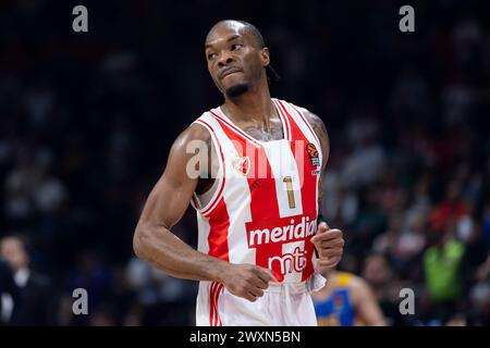 Belgrad, Serbien, 14. März 2023. Javonte Smart von Crvena Zvezda Meridianbet Belgrad reagiert auf das Spiel der Turkish Airlines EuroLeague 2023/2024, Runde 29 zwischen Crvena Zvezda Meridianbet Belgrad und Maccabi Playtika Tel Aviv in der Aleksandar Nikolic Hall in Belgrad. März 2023. Quelle: Nikola Krstic/Alamy Stockfoto