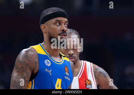 Belgrad, Serbien, 14. März 2023. Lorenzo Brown von Maccabi Playtika Tel Aviv reagierte während des Spiels der Turkish Airlines EuroLeague 2023/2024, Runde 29 zwischen Crvena Zvezda Meridianbet Belgrad und Maccabi Playtika Tel Aviv in der Aleksandar Nikolic Hall in Belgrad. März 2023. Quelle: Nikola Krstic/Alamy Stockfoto