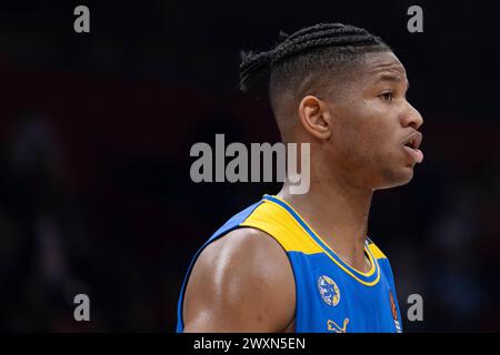 Belgrad, Serbien, 14. März 2023. Jasiel Rivero von Maccabi Playtika Tel Aviv reagiert auf das Spiel der Turkish Airlines EuroLeague 2023/2024, Runde 29 zwischen Crvena Zvezda Meridianbet Belgrad und Maccabi Playtika Tel Aviv in der Aleksandar Nikolic Hall in Belgrad. März 2023. Quelle: Nikola Krstic/Alamy Stockfoto