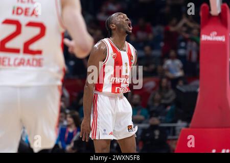 Belgrad, Serbien, 14. März 2023. Javonte Smart von Crvena Zvezda Meridianbet Belgrad reagiert auf das Spiel der Turkish Airlines EuroLeague 2023/2024, Runde 29 zwischen Crvena Zvezda Meridianbet Belgrad und Maccabi Playtika Tel Aviv in der Aleksandar Nikolic Hall in Belgrad. März 2023. Quelle: Nikola Krstic/Alamy Stockfoto