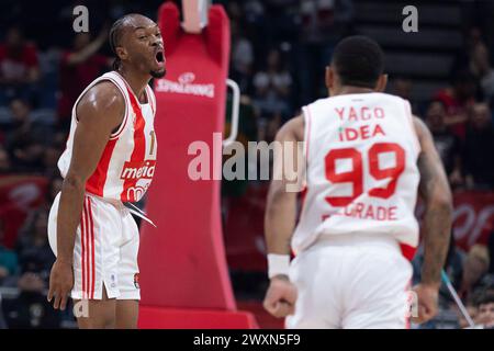 Belgrad, Serbien, 14. März 2023. Javonte Smart von Crvena Zvezda Meridianbet Belgrad reagiert auf das Spiel der Turkish Airlines EuroLeague 2023/2024, Runde 29 zwischen Crvena Zvezda Meridianbet Belgrad und Maccabi Playtika Tel Aviv in der Aleksandar Nikolic Hall in Belgrad. März 2023. Quelle: Nikola Krstic/Alamy Stockfoto