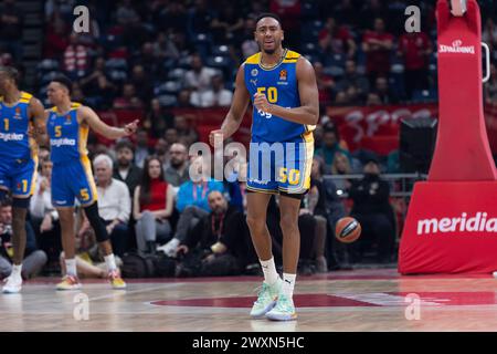 Belgrad, Serbien, 14. März 2023. Bonzie Colson von Maccabi Playtika Tel Aviv reagiert auf das Spiel der Turkish Airlines EuroLeague 2023/2024, Runde 29 zwischen Crvena Zvezda Meridianbet Belgrad und Maccabi Playtika Tel Aviv in der Aleksandar Nikolic Hall in Belgrad. März 2023. Quelle: Nikola Krstic/Alamy Stockfoto