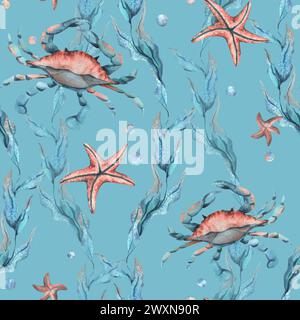 Unterwasserwelt Clipart mit Meerestieren Wal, Schildkröte, Kraken, Seestern, Seesternen, Muscheln, Korallen und Algen. Handgezeichnete Aquarellillustration Stockfoto