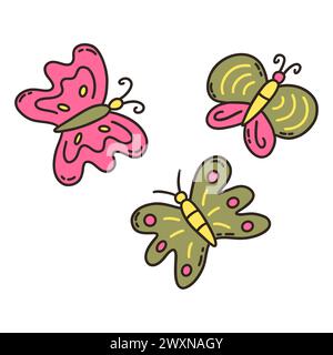 Drei wunderschöne Schmetterlinge in grünen und rosa Farben. Vektor isolierte Illustration Hand gezeichnet Kritzelei. Niedliches Mottenset. Clip-Art, Symbol oder Karte. Feder A Stock Vektor