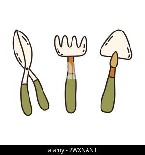 Gartengeräte-Set. Hacke, Schere, Grubber, kleine Handwerkzeuge. Bunte Vektor isolierte Illustration Hand gezeichnet Kritzelei. Symbol, Karte, Clip Art. Spr Stock Vektor