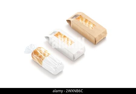 Leeres Brot in weißem transparentem Cellophan und Papierpack, 3D-Rendering. Leere Handwerkspackung mit Brötchen oder Sandwich-Mock, isoliert, Seitenstreit Stockfoto