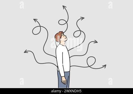 Der Mensch wählt einen Weg, um die Situation zu lösen, indem er neben Pfeilen steht, die in verschiedene Richtungen zeigen. Der junge Mann wählt aus mehreren Optionen die richtige Lösung und möchte die effektivste Route finden Stock Vektor