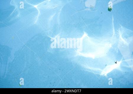 Blick von oben auf den blauen Swimmingpool, Reflexion auf blauem Wasser, Struktur mit Wirbelmuster, blaue Fliesen. Blätter im Wasser, Swimmingpool geöffnet. Hintergrund, Hintergrund mit Kopierraum. Stockfoto