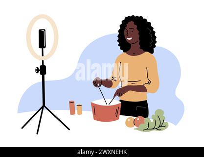 Eine Bloggerin bereitet live ein Gericht vor Stock Vektor