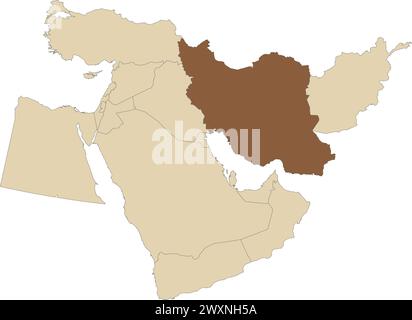 Dunkelbraune Karte des IRAN in hellbrauner Karte des Nahen Ostens Stock Vektor