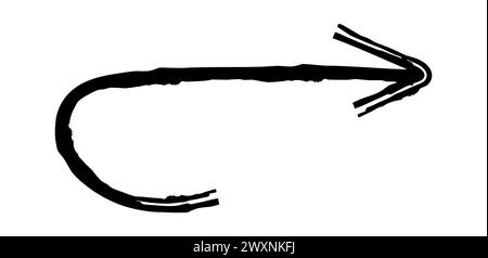 Handgezeichneter einfacher Pfeil, gezeichnet mit Wachsmalstift, Kreide oder Holzkohle. Ungleichmäßige, trockene Textur zur Unterstreichung. Bleistift gezeichnete Linien, durchgestrichen, Stock Vektor