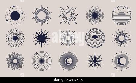 Sun-Logo. Boho Line Yoga Logotype, Mond- und Sonnenuntergangsstrahlen Elemente, Bohème Art Sonnenaufgang oder mystische Sternzeichen Sonnenaufgang. Umrissdesign für Embleme oder Etiketten. Minimalistischer Stil. Vektor-isolierte Symbole im Bohème-Stil Stock Vektor