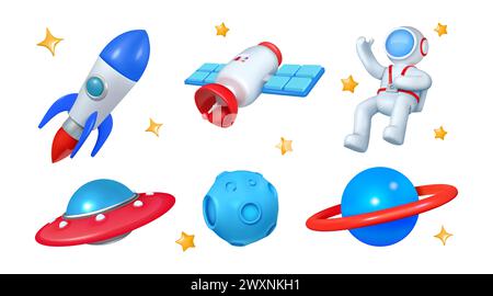 3D-Raum. Planeten- und Raketensymbole. Astronaut im Raumanzug. Erdsatellit. Mondkrater. Saturnmeteoriten umkreisen. Raumschiff für wissenschaftliche Entdeckungen. Galaxie und kosmische Sterne. Vektor-Rendersymbolsatz Stock Vektor
