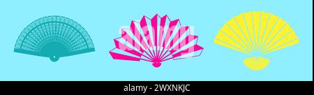 Handpapierfächer. Chinesische Souvenirs. Farbige Silhouetten. Traditionelle asiatische Kultur. Formen des tragbaren Kühlungszubehörs. Muster Japan oder China. Flamenco-Festival. Japanische Geisha Attribute Vektorsatz Stock Vektor
