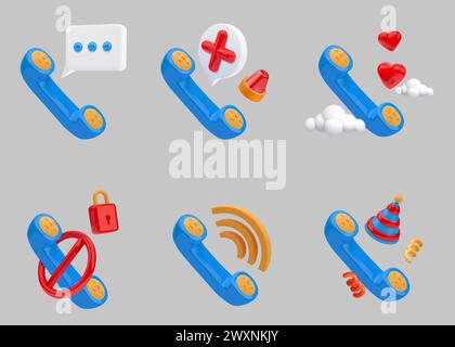 Symbol für 3D-Aufruf. Telefonischer Kundendienst oder Support-Hotline. Telefonempfänger rendern. Sprechen Sie Hilfe oder Chat-Bubble-Nachricht. Mobiltelefonkommunikation. Mobiler Ring. Romantischer Dialog. Vektorsymbole festgelegt Stock Vektor