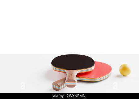 Set aus Schlägern und Ball für Tischtennis-Tischtennispong 3D-Rendering. Stockfoto