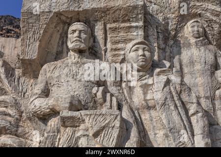 Reliefs aus der Sowjetzeit im Kirow-Reservoir, 1975, Region Talas, Kirgisistan Stockfoto