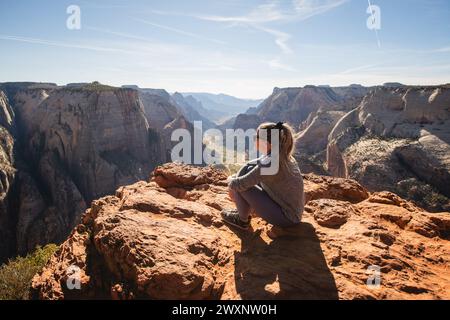 Blick über das Zion-Tal in Richtung Angel's Landing vom Aussichtspunkt im Zion-Nationalpark aus gesehen Stockfoto