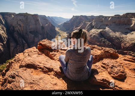 Blick über das Zion-Tal in Richtung Angel's Landing vom Aussichtspunkt im Zion-Nationalpark aus gesehen Stockfoto