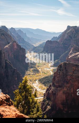 Blick über das Zion-Tal in Richtung Angel's Landing vom Aussichtspunkt im Zion-Nationalpark aus gesehen Stockfoto