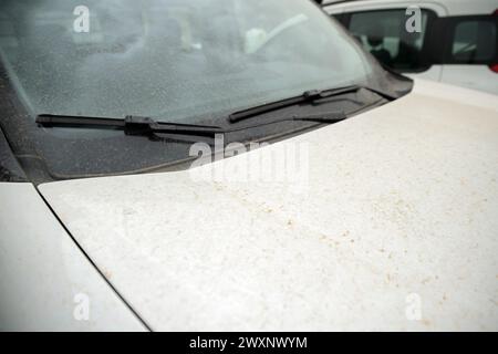 Rom, Italien. April 2024. Motorhaube und Windschutzscheibe eines weißen Autos, bedeckt mit Sand, getragen vom Scirocco-Wind aus der Sahara am Ostermontag in Rom. Ostermontag mit schlechtem Wetter und einer Zunahme von Feinpartikeln in der italienischen Hauptstadt. Der Sirocco-Wind weht, und wenn er abstirbt, mit einigen Minuten dauernden Sprühnebeln in verschiedenen Teilen der Stadt, regnet es Sand, der nach den Stürmen in der größten Wüste der Welt von den Winden aus der Sahara nach Europa transportiert wird. Das Phänomen verursacht einen Anstieg des täglichen PM10-Werts, der von den Luftqualitätsüberwachungsstationen in erkannt wird Stockfoto