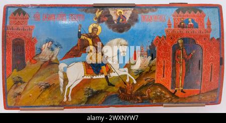 St. Georg und Drache, Ikone, Kloster des Heiligen Euthymius, Suzdal, Region Wladimir, Russland Stockfoto