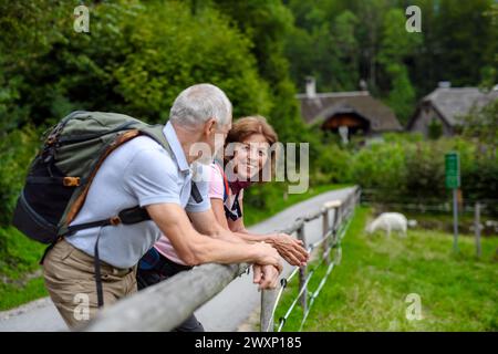 Älteres Ehepaar, das sich während der Wanderung in den Bergen gegen Holzgeländer lehnt. Senioren ruhen sich aus und genießen die Aussicht Stockfoto