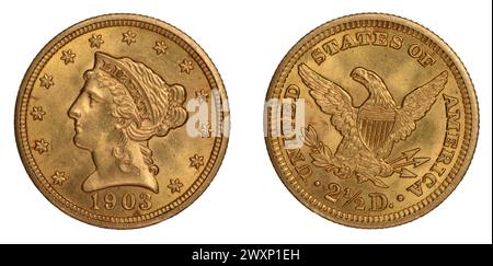 1903 U.S. Liberty Head (auch bekannt als Coronet Head) Quarter Eagle (2,50 $) Goldmünze – Vorderseite und Reverse Composite isoliert auf weiß. Stockfoto