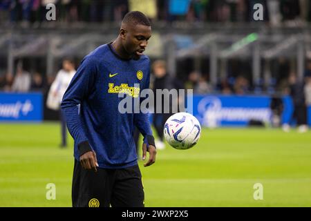 Mailand, Italien. April 2024. Marcus Thuram spielte während des Fußballspiels Serie A zwischen dem FC Internazionale und Empoli FC im Giuseppe Meazza Stadion in Mailand, Italien, am 1. April 2024 Credit: Mairo Cinquetti/Alamy Live News Stockfoto