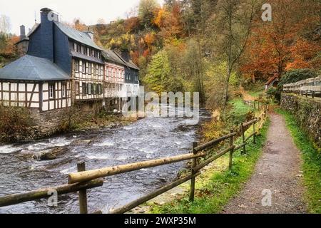 Die fließende Rur schlängelt sich durch die historische Stadt Monschau, gesäumt von Herbstfarben auf dem Wanderweg in der Eifel Stockfoto