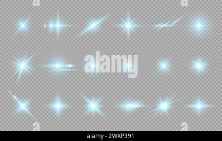 Eine Reihe von leuchtend blauen Lichteffekten auf einem transparenten Hintergrund. Stock Vektor