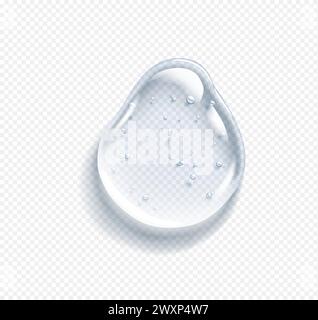 Hyaluronsäure-Tropfen mit Blasen realistische Vektorillustration. Kosmetischer Serumausstrich. Luxuriöses Hautpflegeprodukt 3D-Objekt auf transparentem Hintergrund Stock Vektor