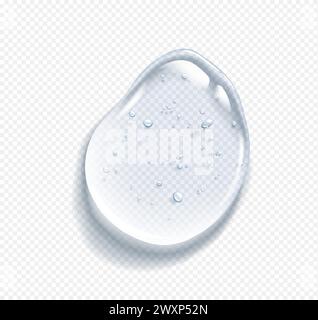 Hyaluronsäure-Tropfen mit Blasen realistische Vektorillustration. Kosmetischer Serumausstrich. Luxuriöses Hautpflegeprodukt 3D-Objekt auf transparentem Hintergrund Stock Vektor