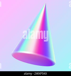 Flimmernde holographische Kegelfigur realistische Vektorillustration. Irisierende geometrische Form im trendigen Design. Konisches 3D-Objekt auf violettem Hintergrund Stock Vektor