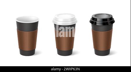 Heiße Kaffeetassen mit Ärmel 3D realistische Vektor-Illustration Set. Entsorgungsbecher mit Kunststoffdeckel. Getränke zum Mitnehmen auf weißem Hintergrund Stock Vektor