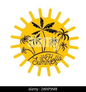 Logo Sonne und Palmen. Hallo Sommer. Handzeichnung. Nicht AI. Vektorabbildung Stock Vektor