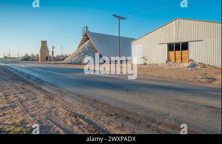 Kleine Baumwoll-Gin-Lagerschuppen und gemauerter Kamin in Ropesville, Texas, USA Stockfoto