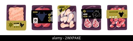 Verpackungen für Fleischprodukte. Kunststoffuntergründe mit Schweinehackfleisch. Hähnchenflügel und Schenkel. Vollständiges Fach mit Etikett. Rindermedaillons und Lammstücke. Umhüllung Stock Vektor