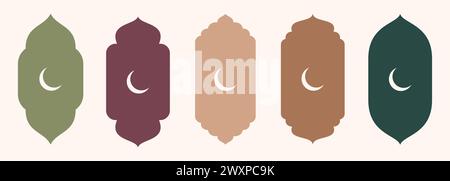 Formen Sie islamische Tür- und Fenstersilhouette arabischer Bogen mit Mondsichel. Sammlung von Mustern im orientalischen Stil. Rahmen im arabischen muslimischen Design für Stock Vektor
