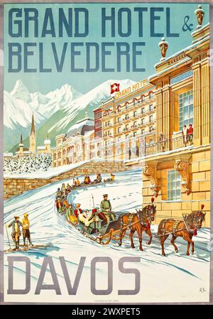 Vintage Swiss Travel Poster. Grand Hotel Belvedere, Davos, Schweiz von Hans Eggimann, 1905 Stockfoto