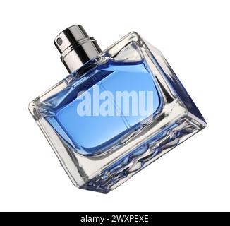 Blaues Männerparfüm in Flasche isoliert auf weiß Stockfoto