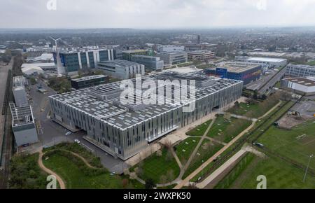 Luftaufnahme der Sky Studios (Sky Osterley) in Isleworth, Großbritannien. Stockfoto