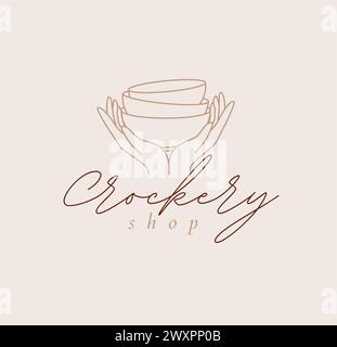 Hände halten Schüsseln mit Schriftzug Geschirrgeschäft Zeichnung in linearem Stil auf beigem Hintergrund Stock Vektor