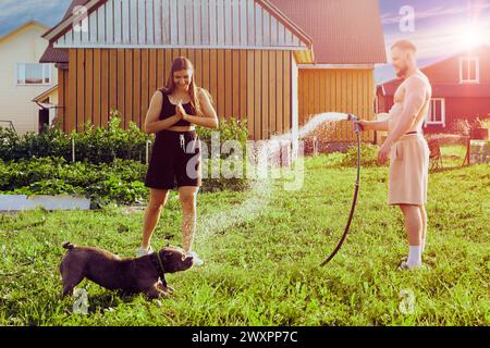 Verspielter Hund schnappt sich Wasser aus dem Gartenschlauch mit seinem Mund während eines Abendspaziergangs im Innenhof des Landhauses mit jungen Europäern und Stockfoto