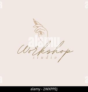 Handbleistift mit Schriftzug Werkstattstudio Zeichnung in linearer Art auf beigefarbenem Hintergrund Stock Vektor