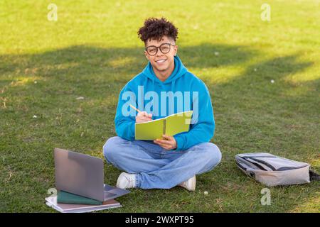 Person, die mit Laptop im Park studiert Stockfoto