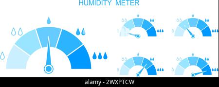 Satz von Feuchtemessgeräten. Messen von Dashboards mit Pfeilen und Wassertropfen mit verschiedenen Flüssigkeitsständen. Hygrometer, Klimaautomatik, isoliert auf weißem Hintergrund. Illustration der Vektorabwicklung. Stock Vektor