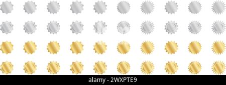 Set aus runden silbernen und goldenen Aufklebern mit gewellten Bändern. Glänzende Wackeletiketten, Qualitätsabzeichen, Preisschilder, Stempel, Verkaufsformen isoliert auf weißem Hintergrund. Vektorabbildung. Stock Vektor