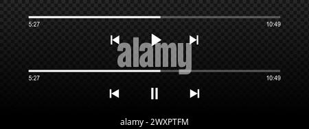 Ladebalken für Audio- oder Video-Player mit Zeitschieberegler, Wiedergabe und Pause, Rücklauf und Schnellvorlauf. Vorlagen für die Benutzeroberfläche für Podcast- oder Hörbuchwiedergabe. Vektorgrafik. Stock Vektor