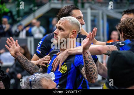 Mailand, Italien - 1. april 2024 - Inter vs Empoli Serie A - Dimarco federico f.c. internazionale feiert nach dem Tor 1-0 Credit: Kines Milano/Alamy Live News Stockfoto